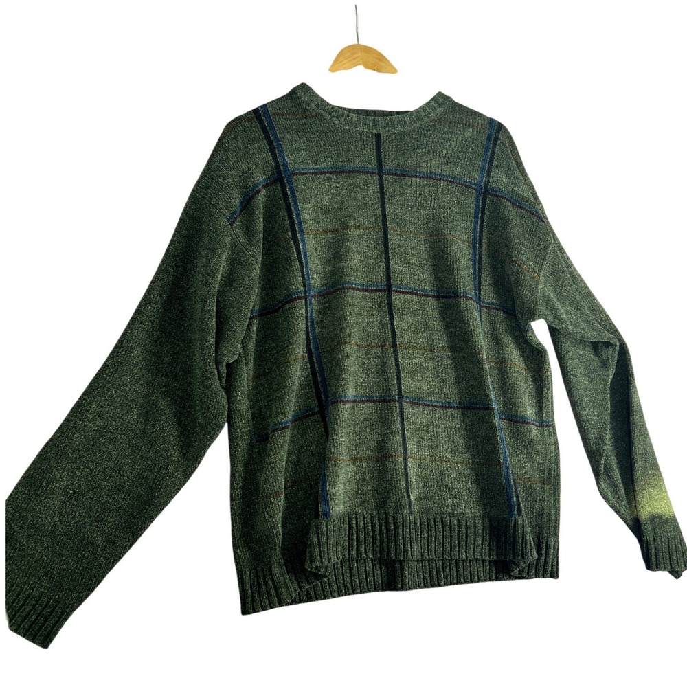 Vintage Eclectic Grandpa Green Windowpane Plaid Cozy Crewneck Sweater 90s Size M - Picture 7 of 9